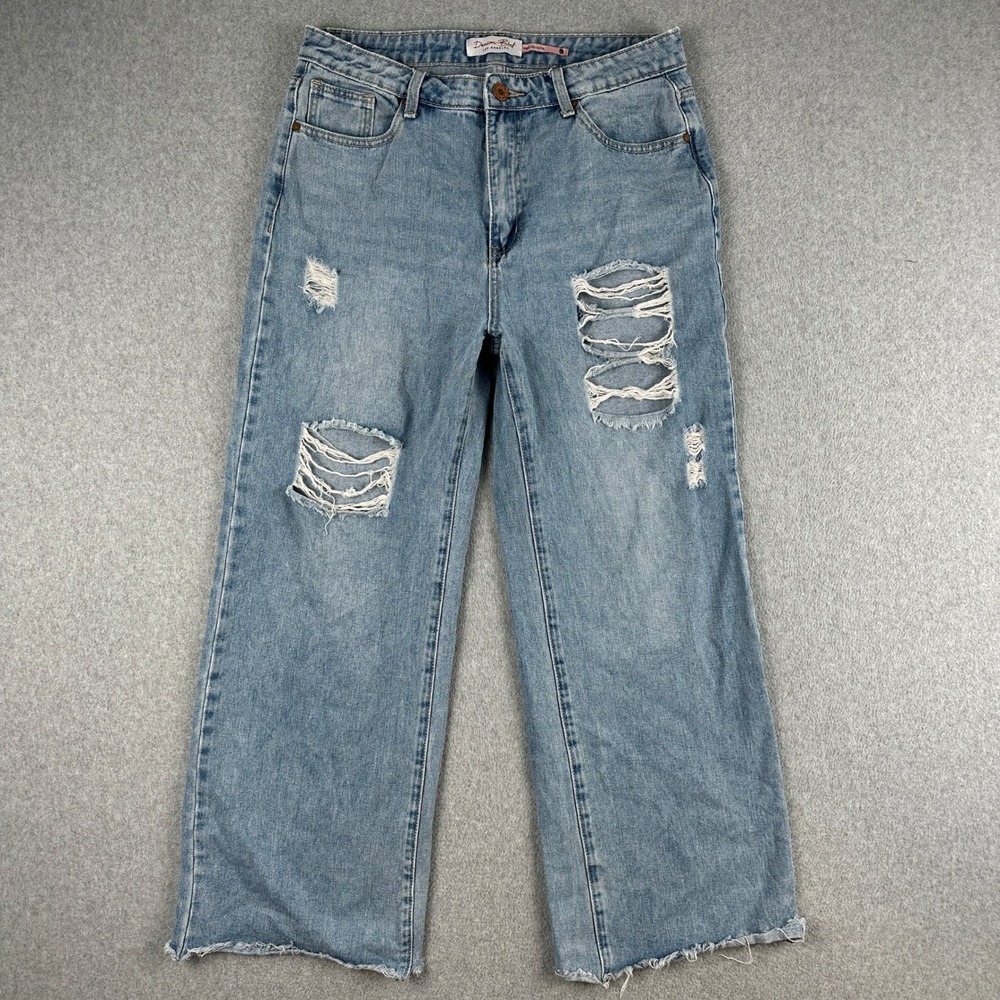 Denim Blvd Jeans Women L Blue Distressed‎ Wide Leg Raw Hem High Rise Denim